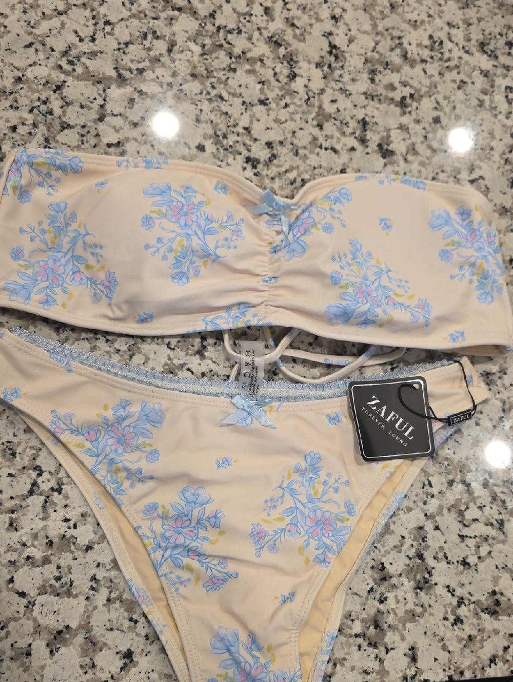 Zaful Peach Floral Bandeau Bikini with Blue Accents